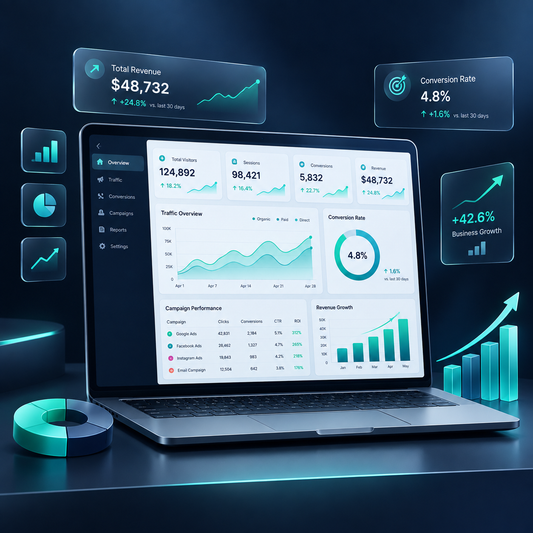 Premium Analytics & Reports dashboard showing traffic analytics, conversion rates, campaign performance, revenue growth, and KPI metrics on a modern laptop.