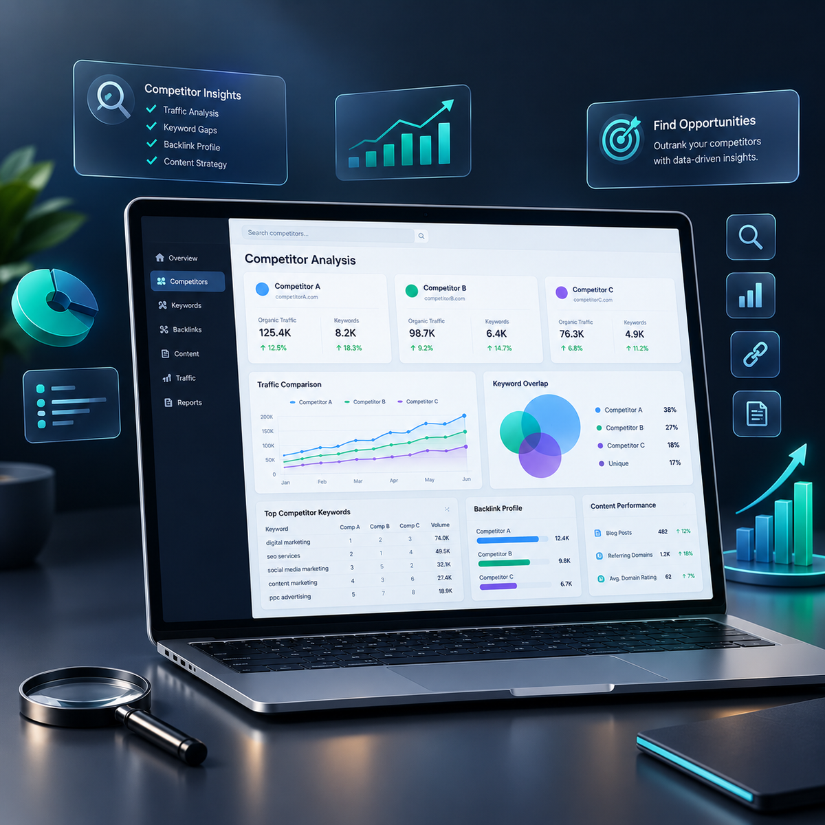 Premium competitor research dashboard showing traffic analysis, keyword comparisons, backlink profiles, competitor insights, and digital marketing performance data on a modern laptop.