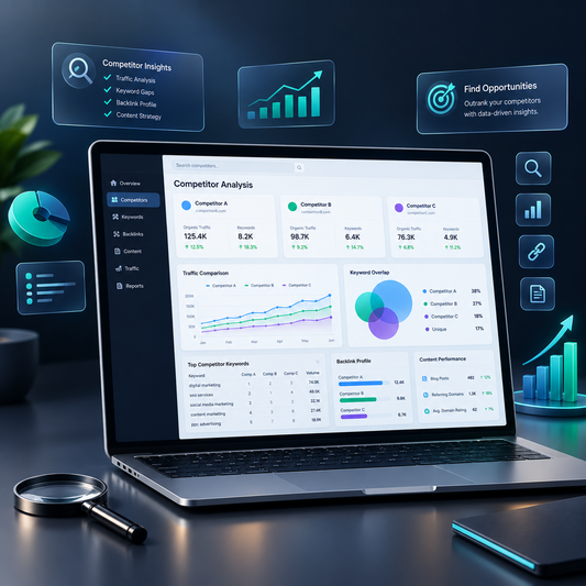 Premium competitor research dashboard showing traffic analysis, keyword comparisons, backlink profiles, competitor insights, and digital marketing performance data on a modern laptop.