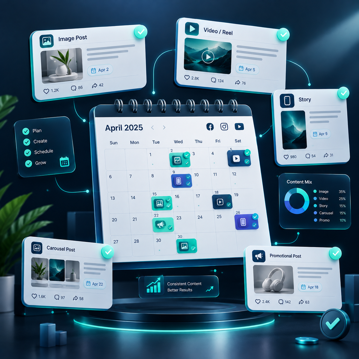 Premium content calendar visual featuring a monthly social media planning board with scheduled content cards, image posts, videos, stories, carousel posts, and promotional content in a modern 3D design.