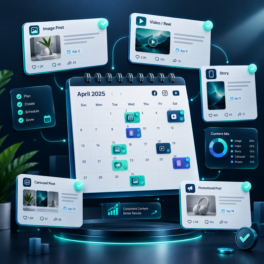 Premium content calendar visual featuring a monthly social media planning board with scheduled content cards, image posts, videos, stories, carousel posts, and promotional content in a modern 3D design.