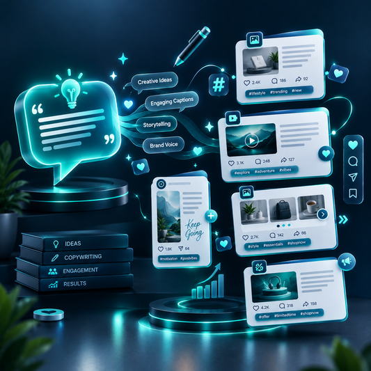 Premium content and caption writing visual featuring a glowing speech bubble, creative writing ideas, social media content cards, hashtags, storytelling, and audience engagement elements in a modern 3D design.